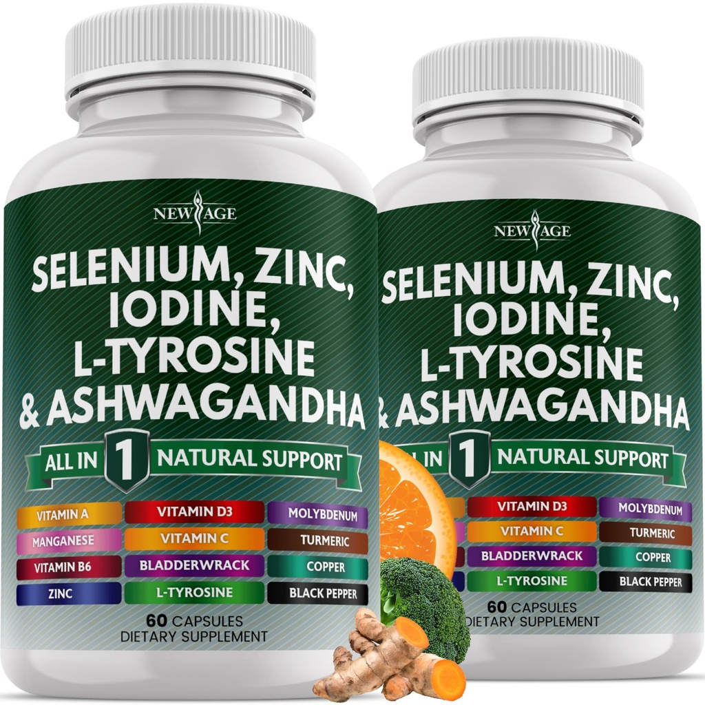 NEW AGE Sélénium, Zinc, Iodine, L Tyrosine, Ashwagandha - Supplément pour les femmes et les hommes avec Bladderwrack, Turmeric, Silica Kelp, Schisandra - 120 comte