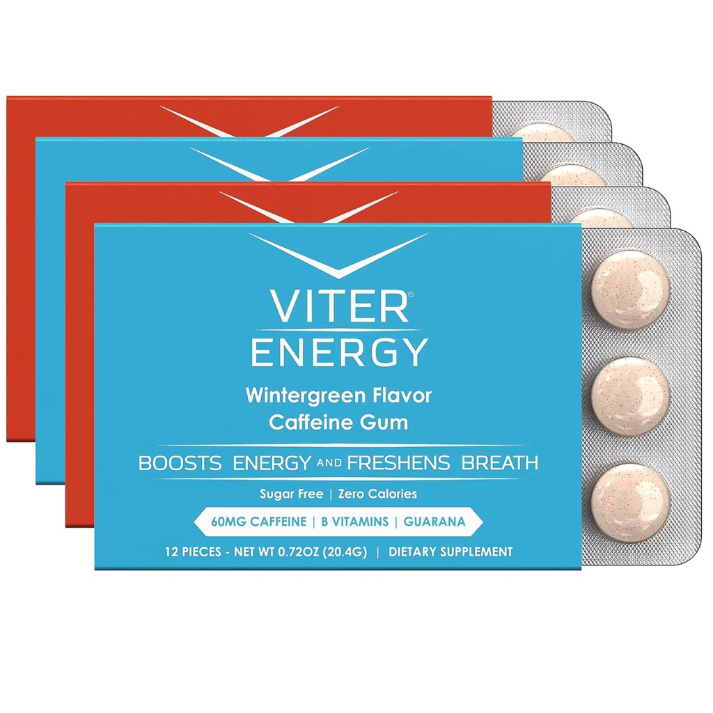 Viter Energy Cafeïnated Gum 60mg Cafeïne, B Vitaminen, Guarana, Suikervrij. (Variatie, 12pcs, 4 Pack)