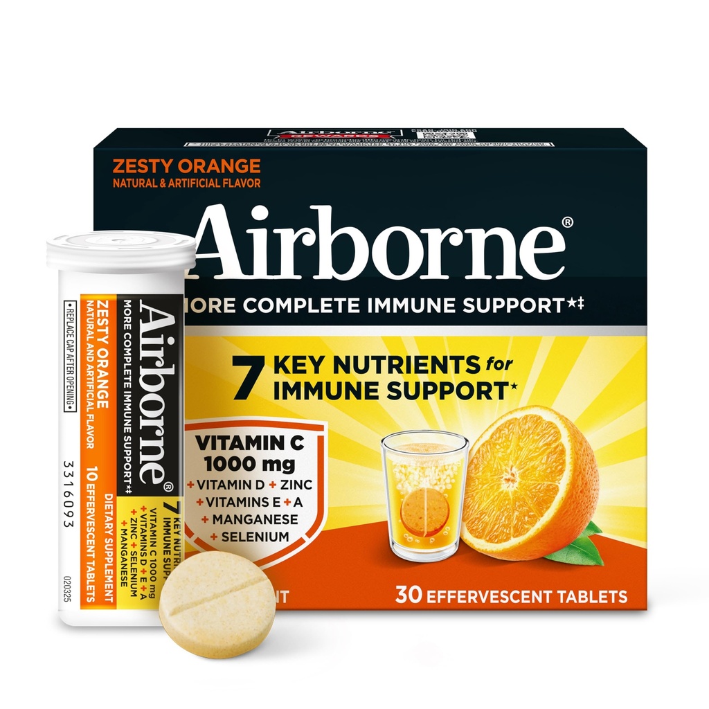 Airborne 1000mg Vitamine C + Zinc sans sucre Multivitamine Imune Soutien Effervescent Fizzy Boissons Comprimés, Zesty Orange Saveur avec des antioxydants puissants Vitamines A C & E, 30 Comprimés