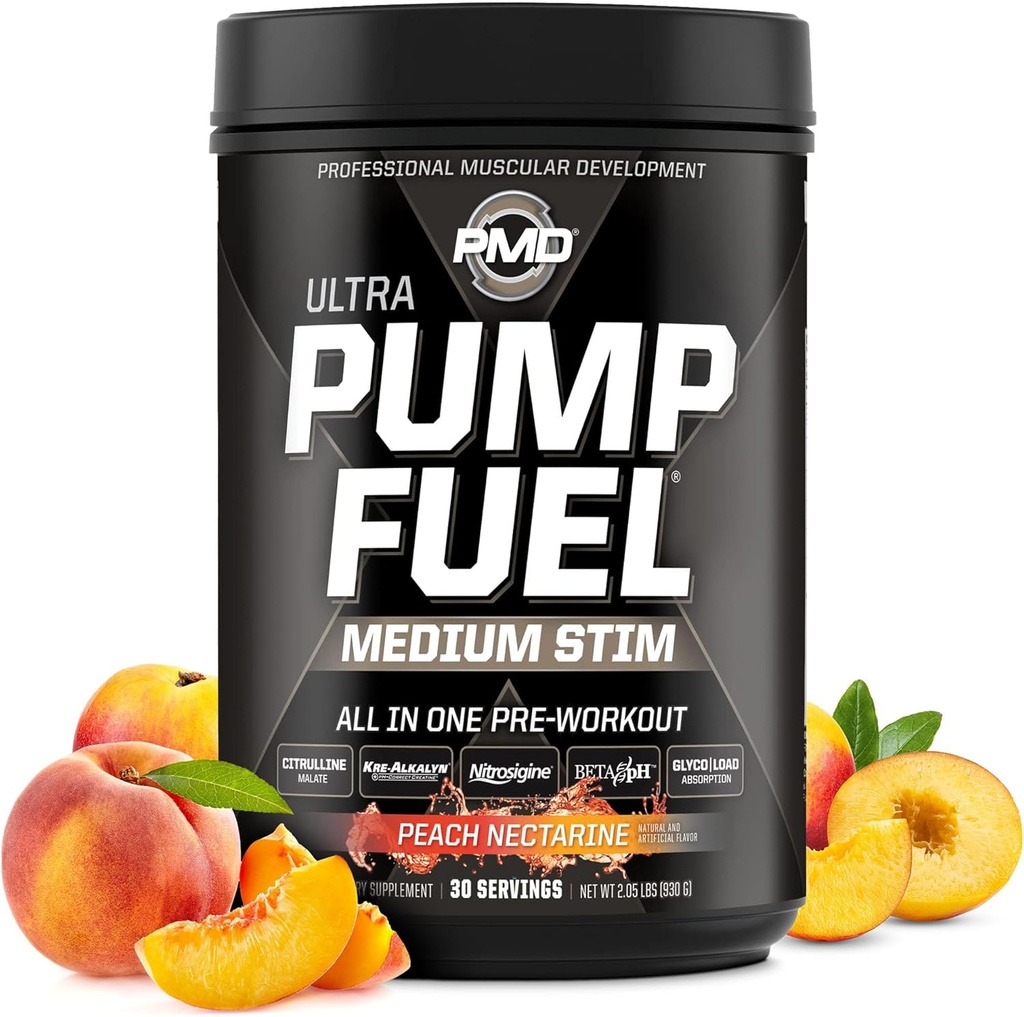 PMD Sports Pump Fuel Ultra Medium Stim - Premium Pre Workout Powder & Muscle Pump, Greater Focus, Endurance & Recovery, Premium Creatine, Arginine & Beta Alanine - Peach Nectarine (30 Servers)