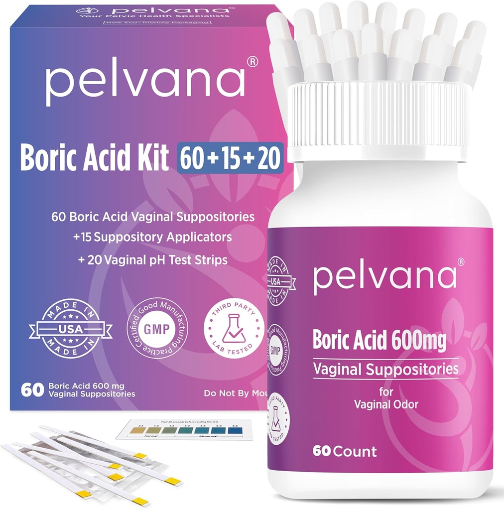 Pelvana Boric Acid Suctionitories for Women 60 + 15 Applicators + 20 pH Test Strips = 95 Piece Kit for Vaginanal Odor - Third-Party Lab Tested & Made in The USA