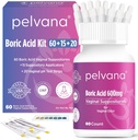 Pelvana Boric Acid Suctionitories for Women 60 + 15 Applicators + 20 pH Test Strips = 95 Piece Kit for Vaginanal Odor - Third-Party Lab Tested & Made in The USA