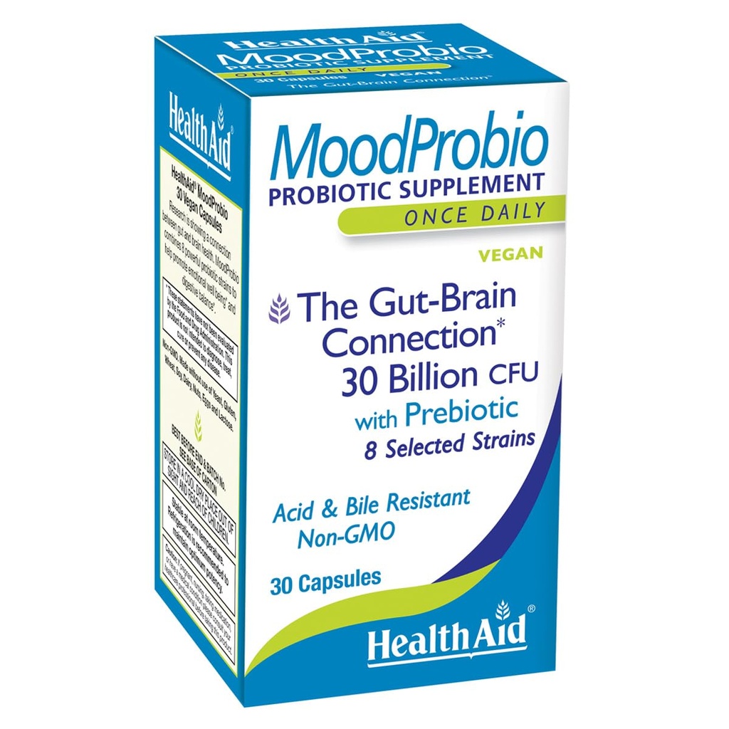 HealthAid MoodProbio 30 Ct, 30 milliards CFU avec prébiotique, 8 souches sélectionnées, une fois par jour, résistant à l'acide et à la bile, sans gluten, sans lait et sans OGM, végétalien