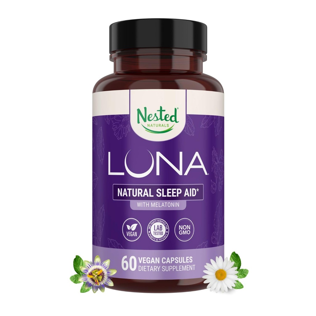 Nested Naturals Luna Slaaphulp - Niet-Habit vormen natuurlijke slaappillen voor volwassenen met natuurlijke oorsprong ingrediënten - Valeriaan wortel, melatonine, kamille, citroenbalsem, en Meer - 60 Vegan Capsules