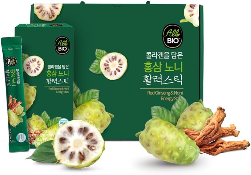 Java NONI Extrait de jus Collagène Stick avec RED Ginseng - 0.7 oz x 45 Stick - 100% biologique Fermenté Noni avec Resvératrol - Daily Antioxydant Superfood pour Imune Support & Wellness par ALLBIO