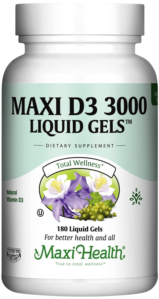 Maxi Health Vitamine D3 3000 IE 75 mcg Vitamine D Supplement voor gezonde botten, tanden, Immuun Ondersteuning - VIT D3 Supplement Eenvoudig doorslikken Non-GMO, supplement voor mannen en vrouwen Kosher 180 Gels