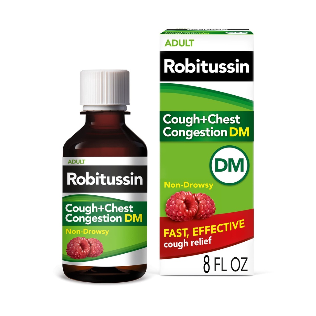 Robitussin Hoest en Borst Congestie DM, Hoest Suppressant en Expectorant, Raspberry Flavor - 8 Fl Oz fles