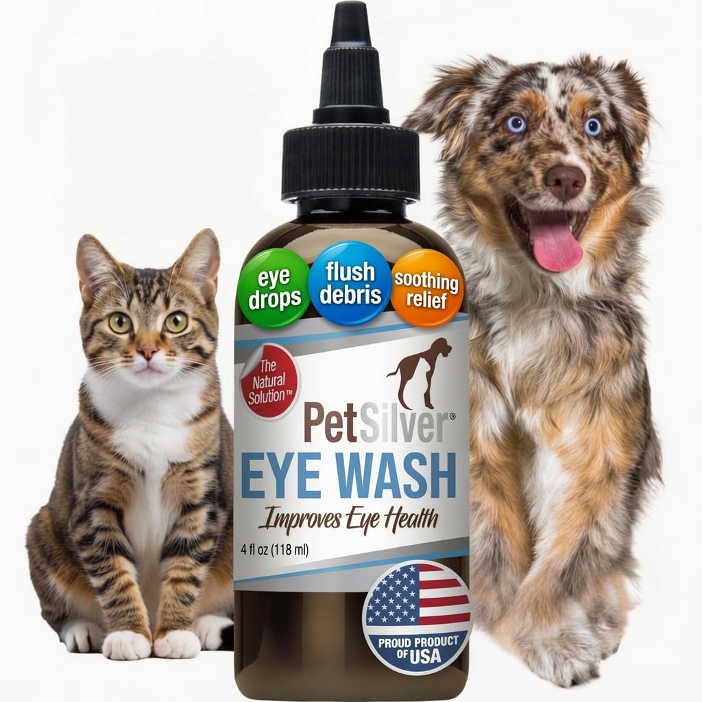 Les gouttes d'œil PetSilver pour les chiens et les chats - Laver les yeux de chien naturel - Relief pour l'inflammation et l'irritation - Nettoyeur des yeux et détachant les taches de chien - Formule en argent breveté - Fabriqué aux États-Unis - 4 fl oz