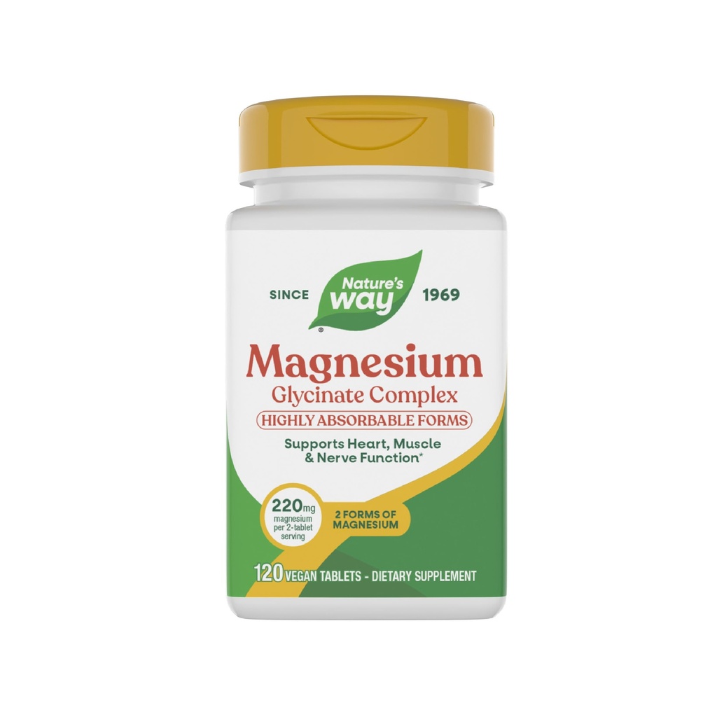 Nature's Way Magnesium Glycinate Complex, Ondersteunt Hart, Spier, Zenuwfunctie*, Zeer Absorbeerbaar, 220 mg per 2-Tablet Serving, Geen Gluten, Vegan, 120 tabletten (Verpakking mei Vary)