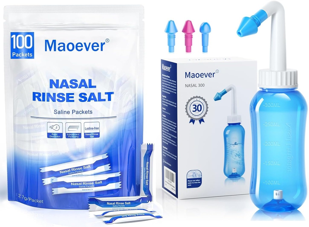 MAOEVER Neti Pot met 130 Nasale Wash Zout Paketten Sinus Sinus Spoel Bottle Neus Wash Cleaner Druk Spoel Neus Irrigatie voor volwassen & Kid BPA Gratis 300 ML Sticker Thermometer