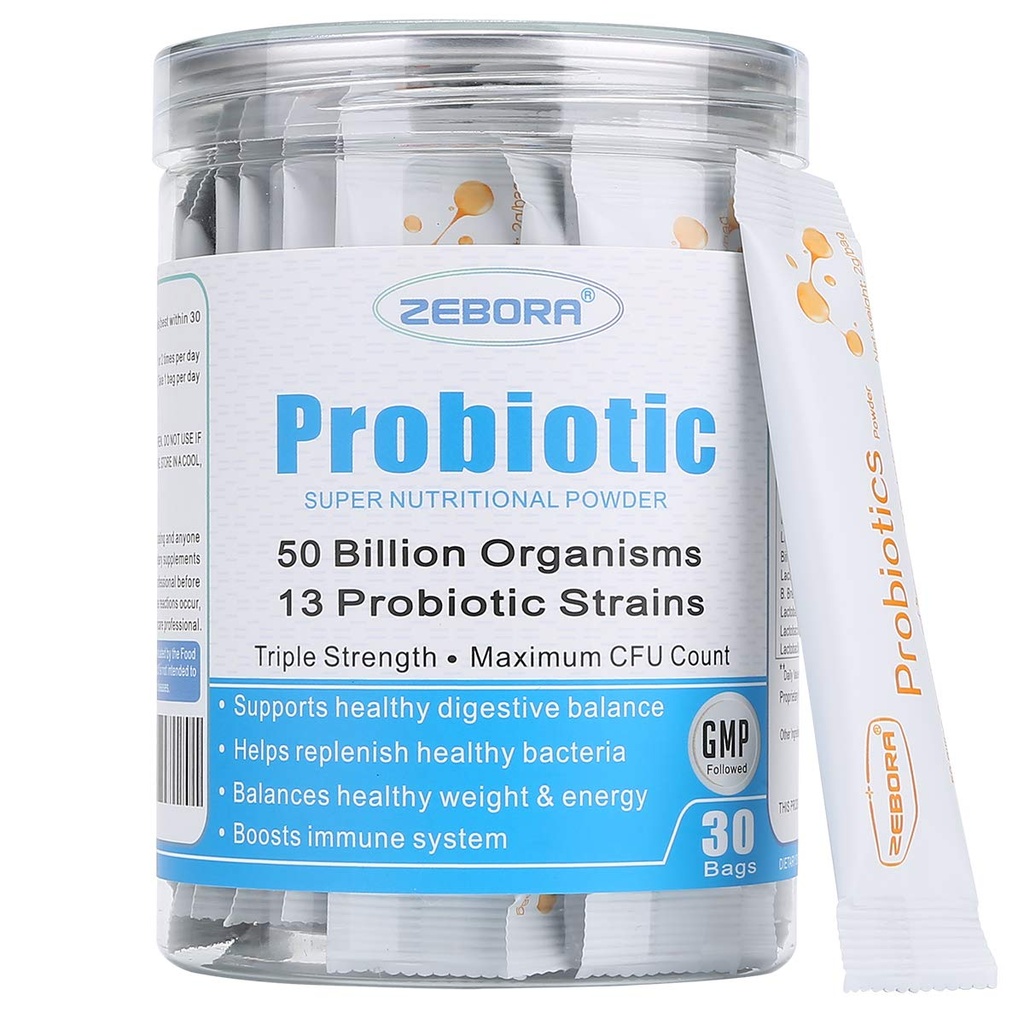ZEBORA Probiotica voor Vrouwen, Mannen en Kinderen, Prebiotica en Probiotica Poeder voor Digestieve en Immuun Gut Health - Ondersteuning Gezond-Reademing-System Glutenvrij en niet GGO, 30 Packets