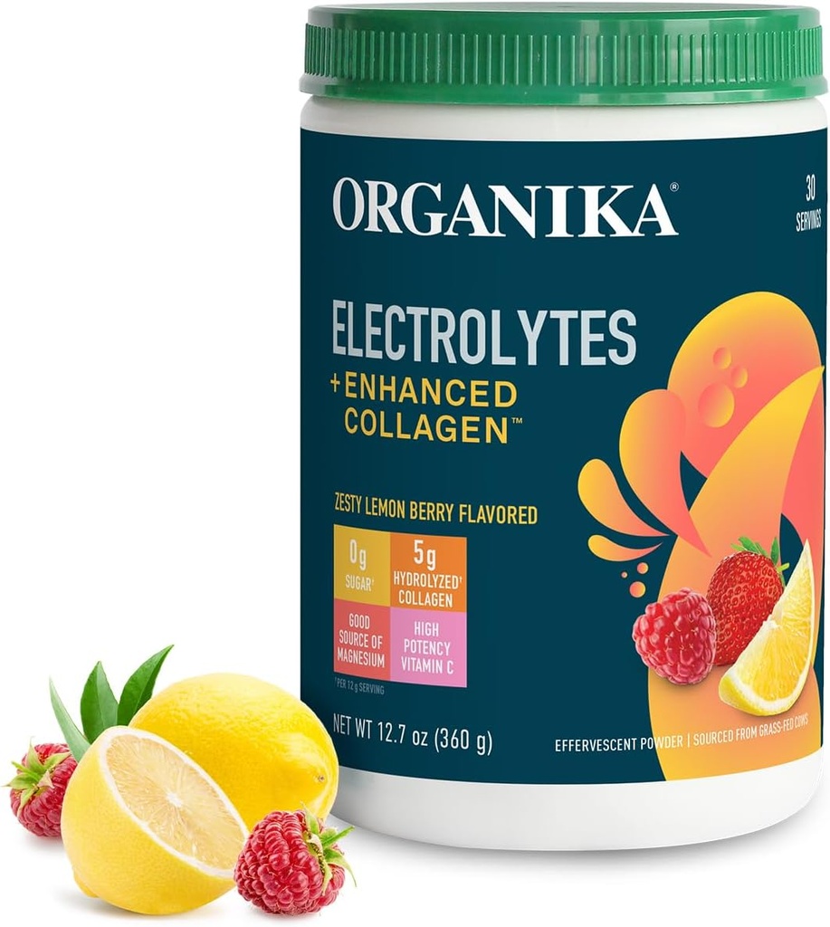 Organikа Elektrolyten met Enhanced Collageen Powder for Women & Men - 13 oz - Zesty Lemon Berry-Flavored Bruisende Electrolyte & Collageen Drink Mix - Diepe Hydration, Mobiliteit, Huid, Haar, & Nails