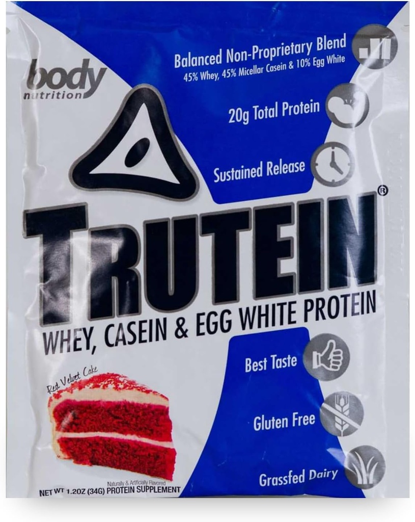 Body Nutrition Trutein Hoog Proteïnepoeder: 45% Wei, 45% Caseïne, 10% Egg White, Glutenvrij, Laag Natrium, Gras Fed Wei Proteïne Poeder, Gym Supplement & Breakfast Shake, Red Velvet Cake, 34g Sample