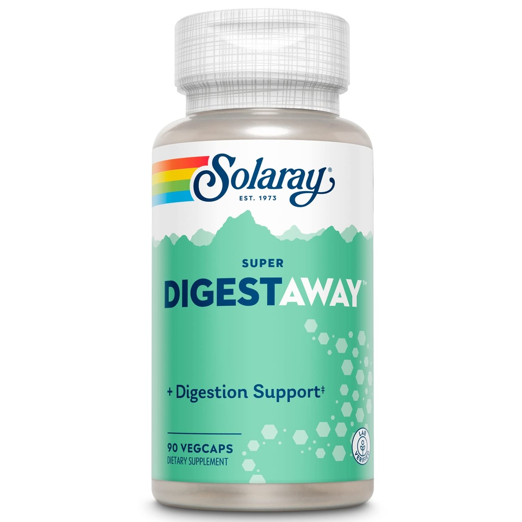 SOLARAY Super Digestaway Enzymes digestifs - Pancréatine, Papaine, Ginger, Pepsin, Betaine HCl, Aloe Vera, et plus - Soutien à la digestion et à l'absorption des nutriments - Verified Lab - 90 VegCaps