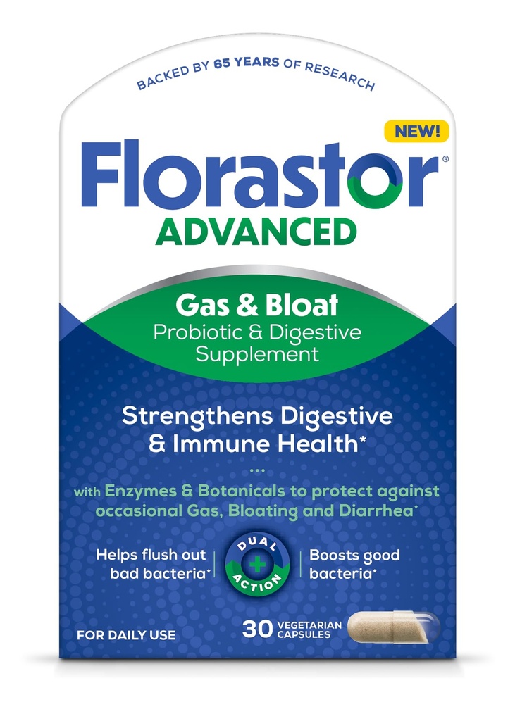 Florastor Advanced Gas and Bloat Probiotic, Digestieve Enzymes and Botanicals, Plus Probiotica voor Digestieve Gezondheid, 30 Capsules