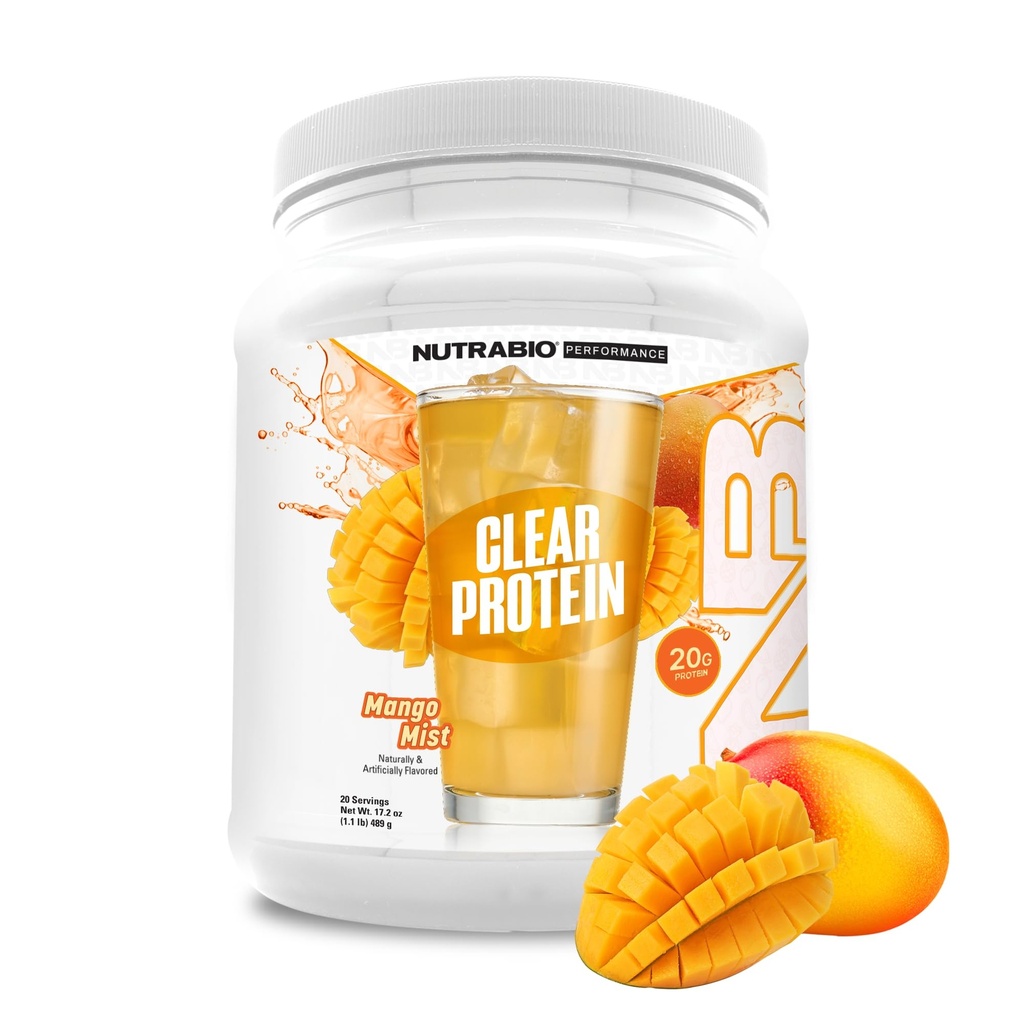 NutraBio Clear Protein Powder, Mango Mist - 20 porties, 20g Clear Whey Protein Isolaat, 0 Suiker, 0g Lactose, Verfrissende Fruitsmaken, GLP1 Ondersteuning - Bone Health - Muscle Post Workout Herstel