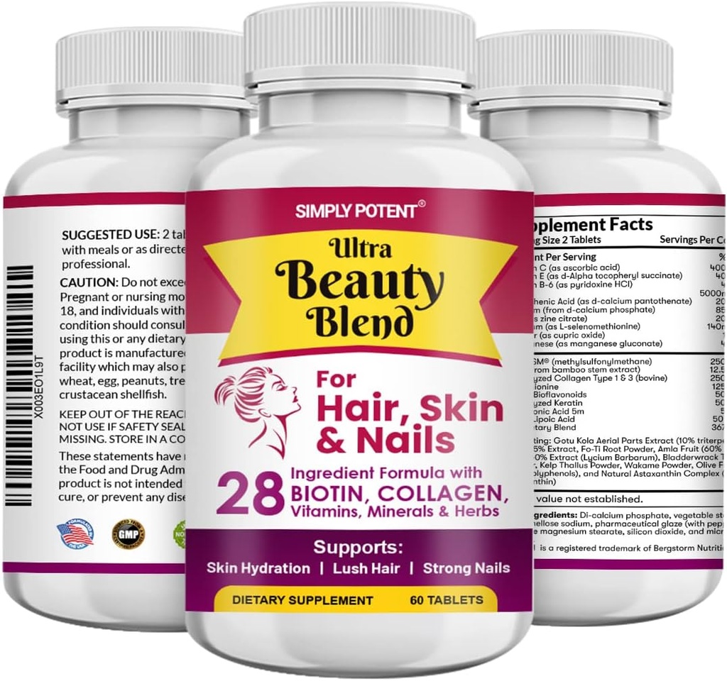 Gewoon krachtige haarhuid en nagels Vitaminen, 28 Ingrediënt Anti-Aging Natural Supplement, Biotin 5000mcg voor haar & Nails, Keratine & MSM voor haargroei, Collageen & Hyaluronzuur voor de huid, 60 tabletten