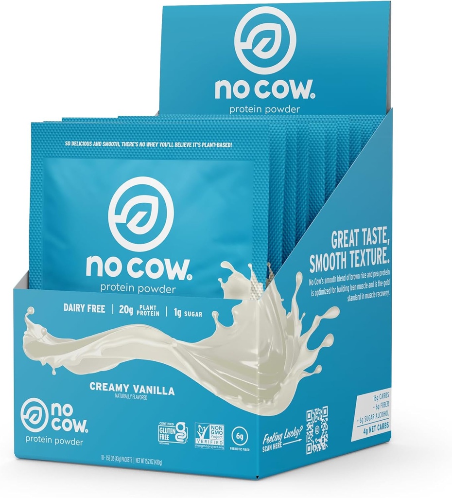 Geen koe Vegan Proteïnepoeder, Vanille, 20g Planteneiwit, Single Serve Packets, Zuivelvrij, Sojavrij, Geen Suiker Toegevoegd, Keto Vriendelijk, Glutenvrij, Natuurlijk Zoet, Niet GGO, Kosher, 10 Tellen