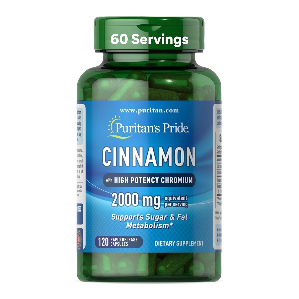 Puritan's Pride Cinnamon 875 mg (2000 mg equivalent) met High Potency Chromium, ondersteunt suiker, vet en gezond Nutriënt Metabolisme, Cellular Energy, 2 maand supply, 120 Rapid Release Capsules
