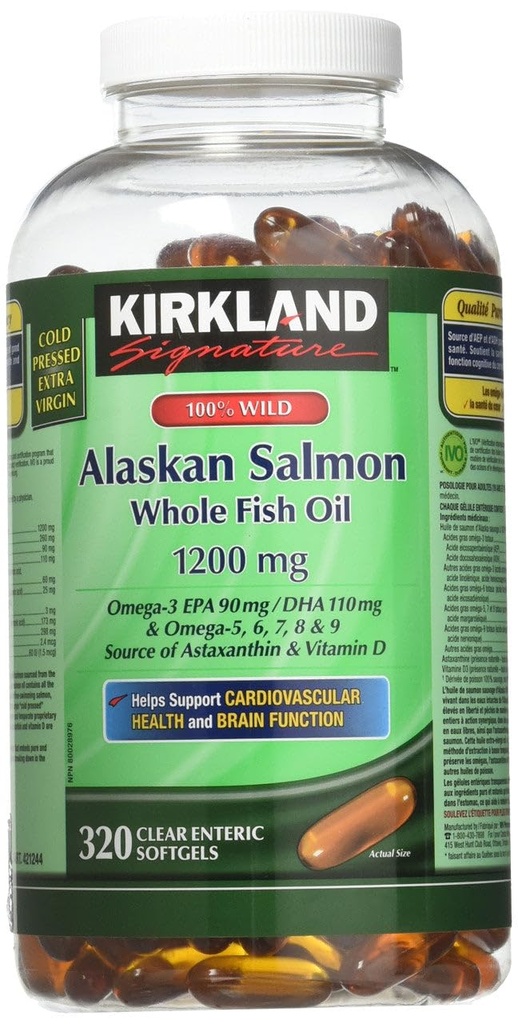 Kirkland Handtekening 100% Wild Alaska Salmon Oil 90 EPA 110 DHA 1200mg - 320 Enteric Coated Softgels