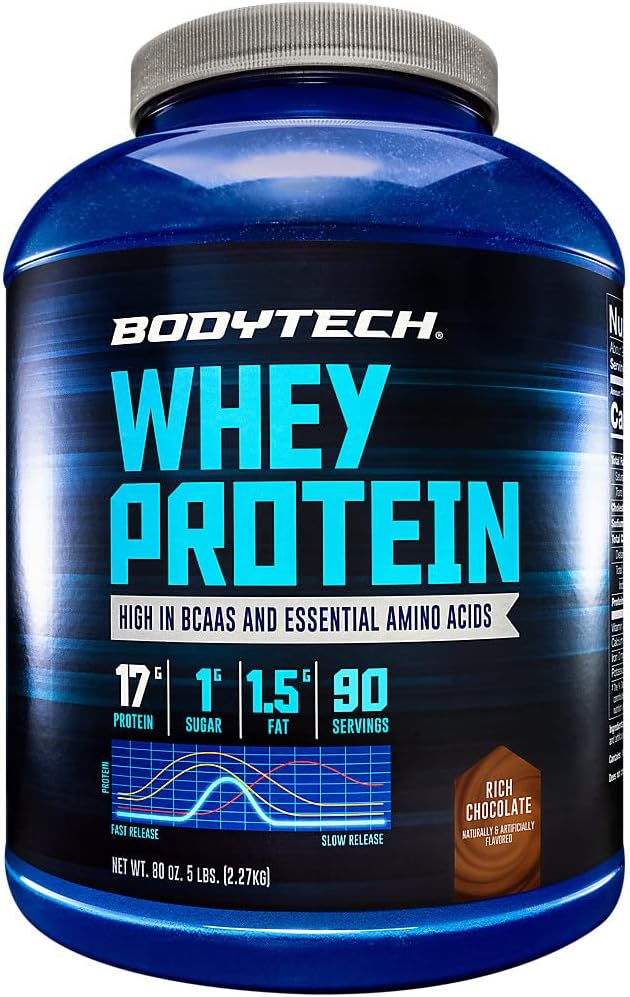 BodyTech Whey Protein - with 17 Grams of Protein per Serving Ideal for Post-Workout Muscle Building, Contains Milk & Soy - Rich Chocolate (5 Pound)