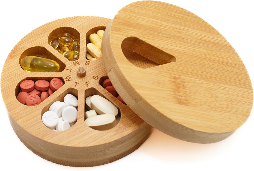 Medicine Organizer Wood Daily Weekly, Travel Pill Organizer en pil houder, Vitamine Medicine pil Organizer Case Box, Pill Box Day, Verbeterd ontwerp met dagen van de week en Solid Wood Lid