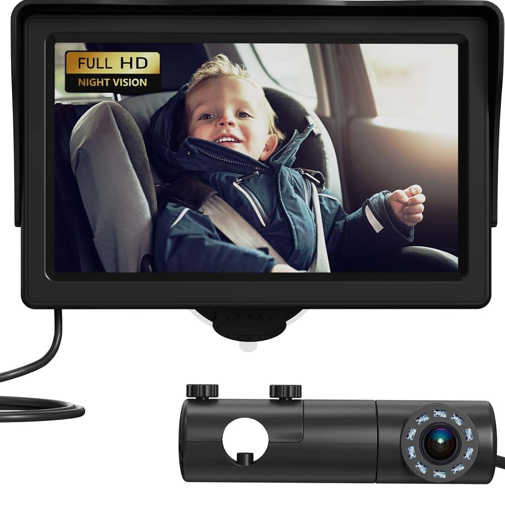 Baby Car Camera, HD Display Baby Car Mirror met Nachtzicht Feature, 4,3 inch Baby Car Camera met Monitor Brede Duidelijke weergave, BackSeat Camera Achterkant gezicht te Observeren baby's elke beweging