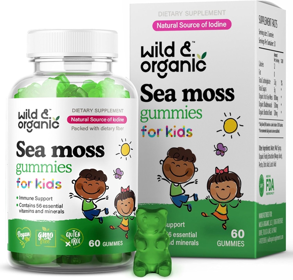 Wild & Organic Irish Sea Moss Gummies for Kids 800mg - Immune Support with Bladderwrack - Vegan Sea Moss Gel Kauwt voor algemene ondersteuning - 60 Non-GMO Seamoss Gel Gummies