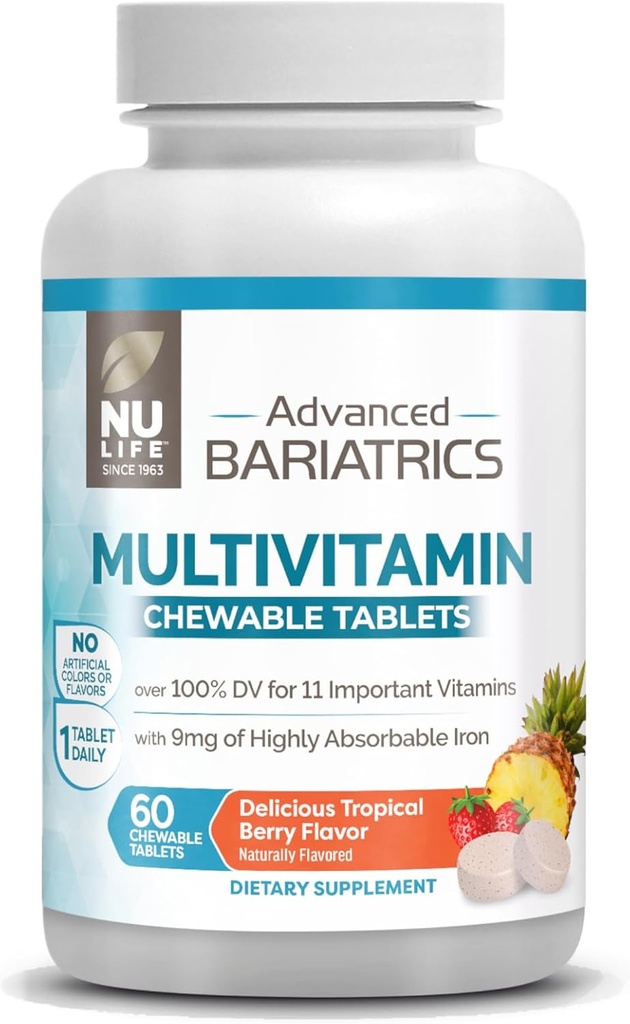 NU LIFE Advanced Bariatrics Multivitamine Kauwtabletten, Bariatric Mulivitamine met ijzer - Tropische Berry (60 Kauwtabletten) (Verpakking mei Vary)