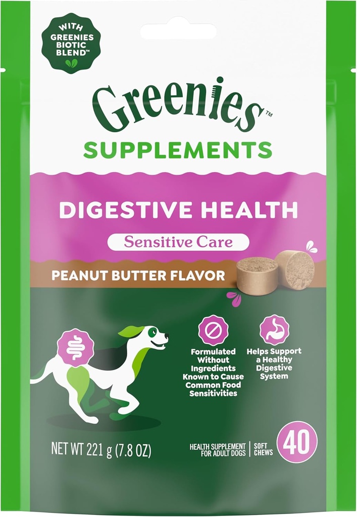 Greenies Sensitive Care Digestive Health Hondensupplement Chicken-Free Formula, met een Probiotic voor honden, Pindakaas smaak, 40 Count Pouch