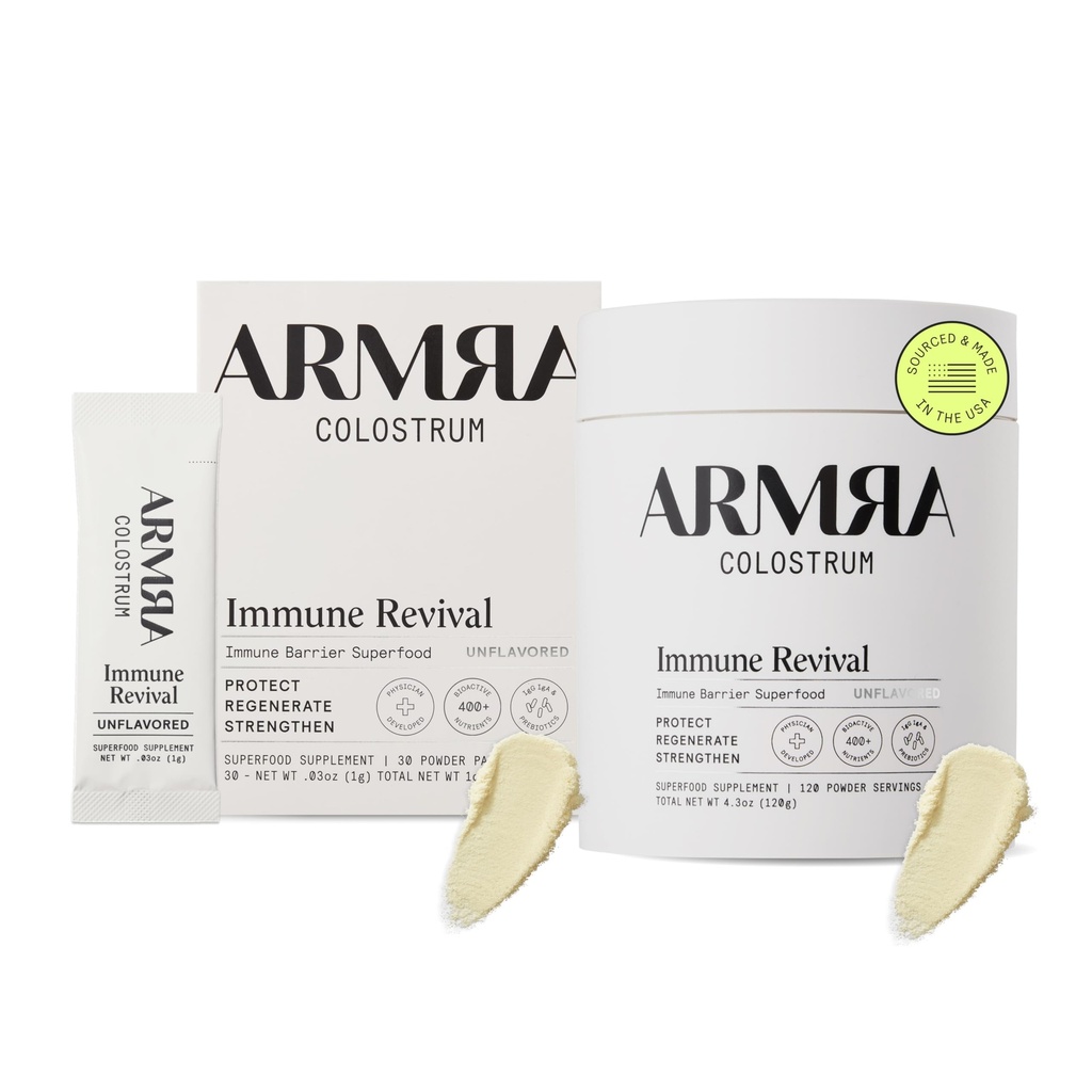 ARMRA ColostrumTM Poudre premium, herbe, Gut Health Bloating Immunity Peau et cheveux, contient 400+ nutriments bioactifs, kéto, gluten et sans gras (boîte non aromatisée) 150 portions