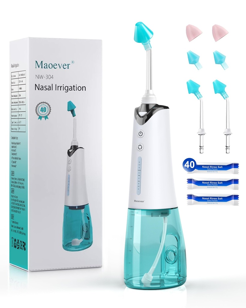 Neus irrigatiesysteem, neusloze neus spoelmachine voor Sinus Relief & Nasal Care, elektrische Neti Pot met 6 tips en 40 zout verpakkingen neus irrigatie Sinus Rinse System Kit voor volwassen & Kid
