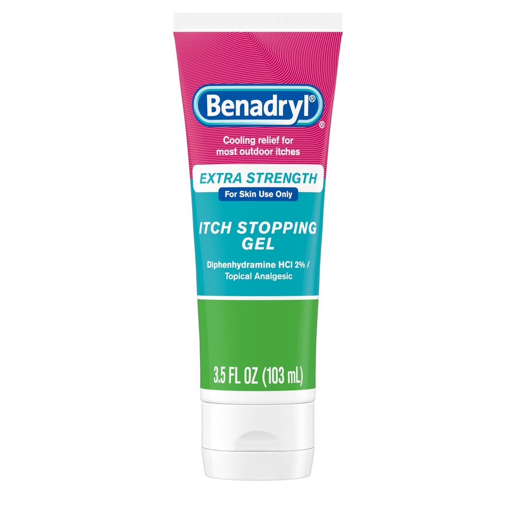 Benadryl Extra sterkte Anti Itch Relief Gel, 2% Difenhydramine HCl, Relief from Insect Bites, Sunburn & More, Great for Camping Essentials, 3.5 fl oz