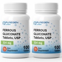 Purigen Labs Ferrous Gluconate 324 mg [High Potency] IJzersupplement, zacht op de maag 2 verpakkingen - 200 tabletten Totaal