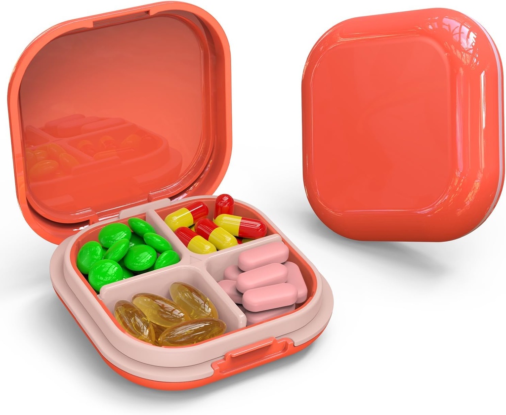 Dagelijkse pil Organisator 4 Compartments, Kleine pil Box Portable Travel Pill Case, Mini Pill Container voor Purse Pocket, Compact Travel Medicine Organizer voor Vitamine, kabeljauw Leverolie, Supplement (Roze)
