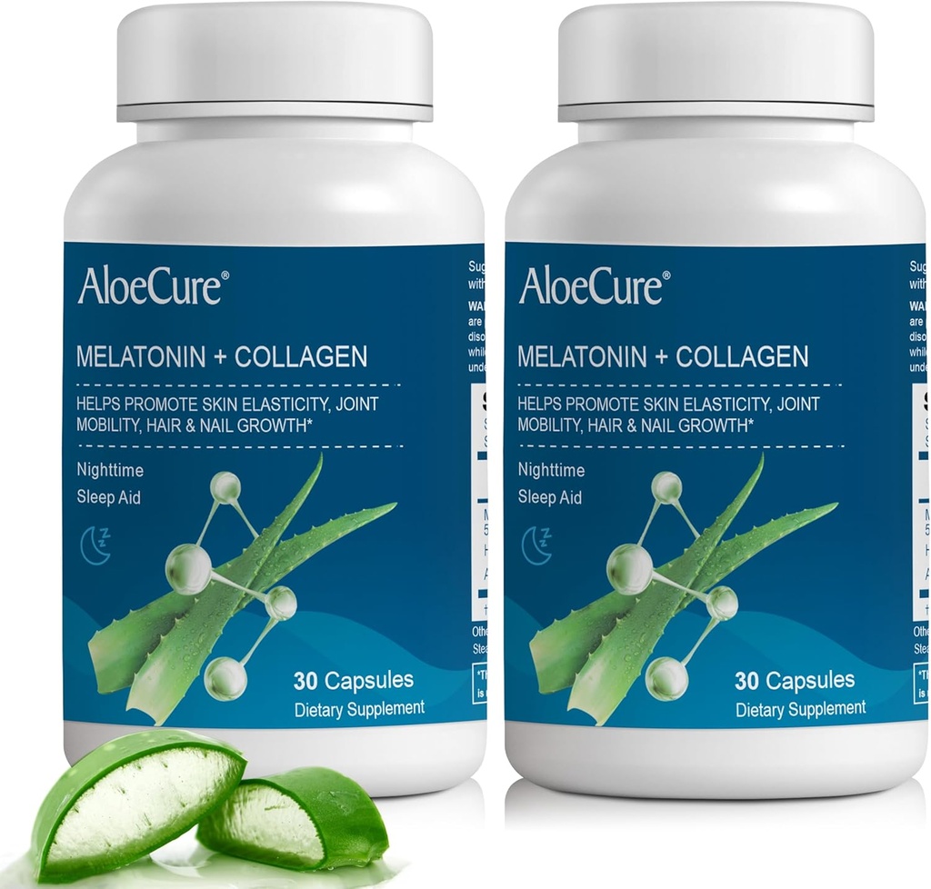 AloëCure Natuurlijke Melatonine + Collageen met biologische Aloë Vera - Natuurlijke slaaphulpsupplement voor rustgevende nachten - Collageen Complex voor gezamenlijke sterkte, huidelasticiteit, haar & nagelgroei, 30 capsules