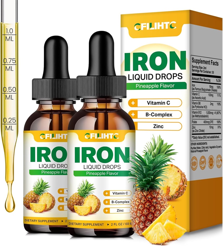 Supplément en fer liquide pour femmes hommes et enfants Multivitamine gouttes de fer avec folate, vitamine C, B6, B12, zinc pour l'anémie, carence en fer, fabricant de sang, énergie - naturel ananas Saveur, végétalien 4 Fl Oz