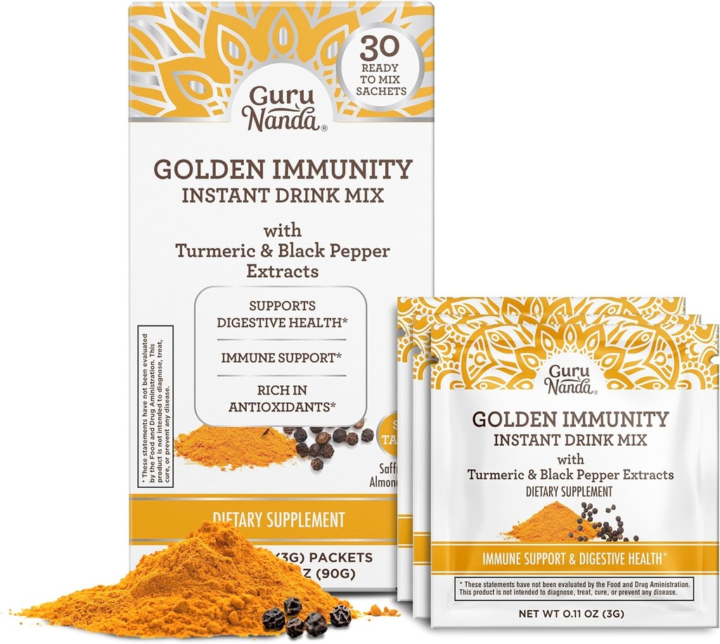 GuruNanda Golden Immunity Instant Drink Mix with Turmeric & Black Pepper - Rich in Antioxidants to Support Immune System & Digestive Health - Saffron & Almond Flavored, On-The Go Sachets (30 Count)