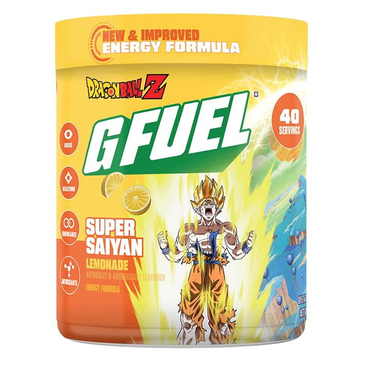 G Carburant Dragon Ball Z Energy Drink Poudre, Pré-entraînement Caféine Mix pour le jeu, Sucre sans accent Amino, Vitamine + Antioxydants, 9.9oz (Lémonade, 40 portions)