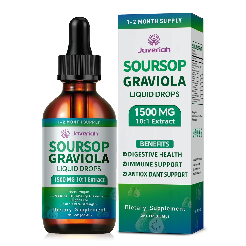 2 Pack Soursop Graviola Leaf Extract Liquid Drops Supplement met Irish Sea Moss & Turmeric voor Cellular Support, Immune System Boost, Liver Health, Soursop Bitters Liquid 60-Day Supply 4 FL OZ