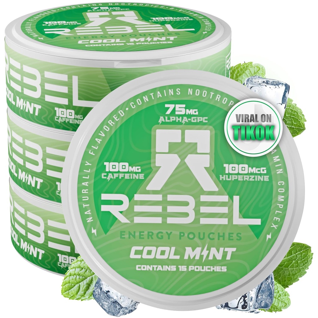 Nootropic Energy Cafeïne zakjes • 100mg Cafeïne • Alpha GPC • Huperzine A & Essentiële Vitaminen • Suikervrij • Kokosvezeltechnologie • Cool Mint smaak • 15 zakjes per blikje (verpakking van 4)