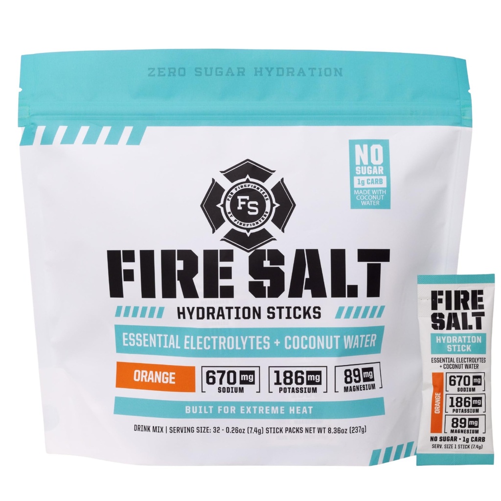 Fire Science Fire Salt Hydration Sticks, Electrolytes & Coconut Water, Hydration Drink Mix with Magnesium, Kalium & Natrium, Zero Sugar, Single Serve On The Go Packs, Vegan, Orange Flavor, 32 Tel.
