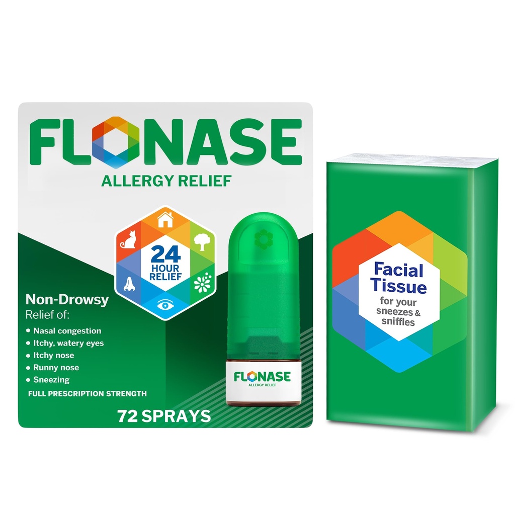 Spray anti-allergie à la flonase, soulagement multisymptômes non somnolents 24 heures sur 24 - 72 sprays plus Bonus Pack de tissus