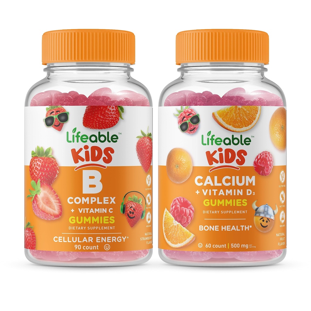 Lifeable B Complexe Enfants + Calcium avec Vitamine D Enfants, Bundle de Gommies - Grande dégustation, supplément de vitamine, sans gluten, sans OGM, Gummy à croquer