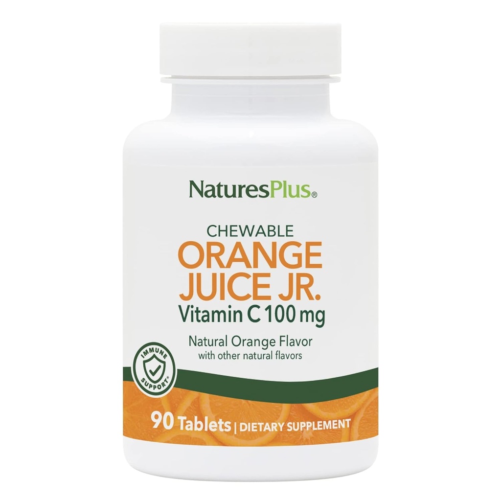 NaturesPlus Jus d'orange Vitamine C à croquer junior - 100 mg, 90 comprimés végétariens - Supplément de soutien immunitaire, antioxydant - doux sur l'estomac - sans gluten - 90 portions
