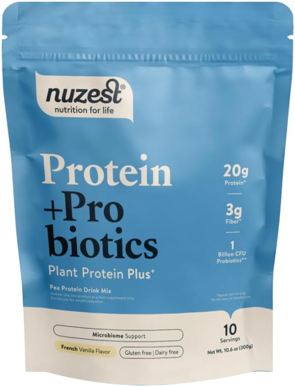 Nuzest - Protéines + Probiotiques – Santé Gut - Mélange de protéines en poudre de plantes super-alimentaires - 300g / 10,6 oz Pouch (10 portions) (Vanille française, 300g)
