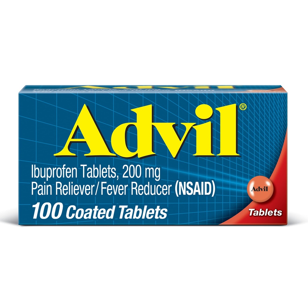 Réducteur de douleur advil et réducteur de fièvre, anti-douleur avec Ibuprofen 200 mg pour les maux de tête, les maux de dos, les douleurs menstruelles et les douleurs articulaires - 100 comprimés enduits