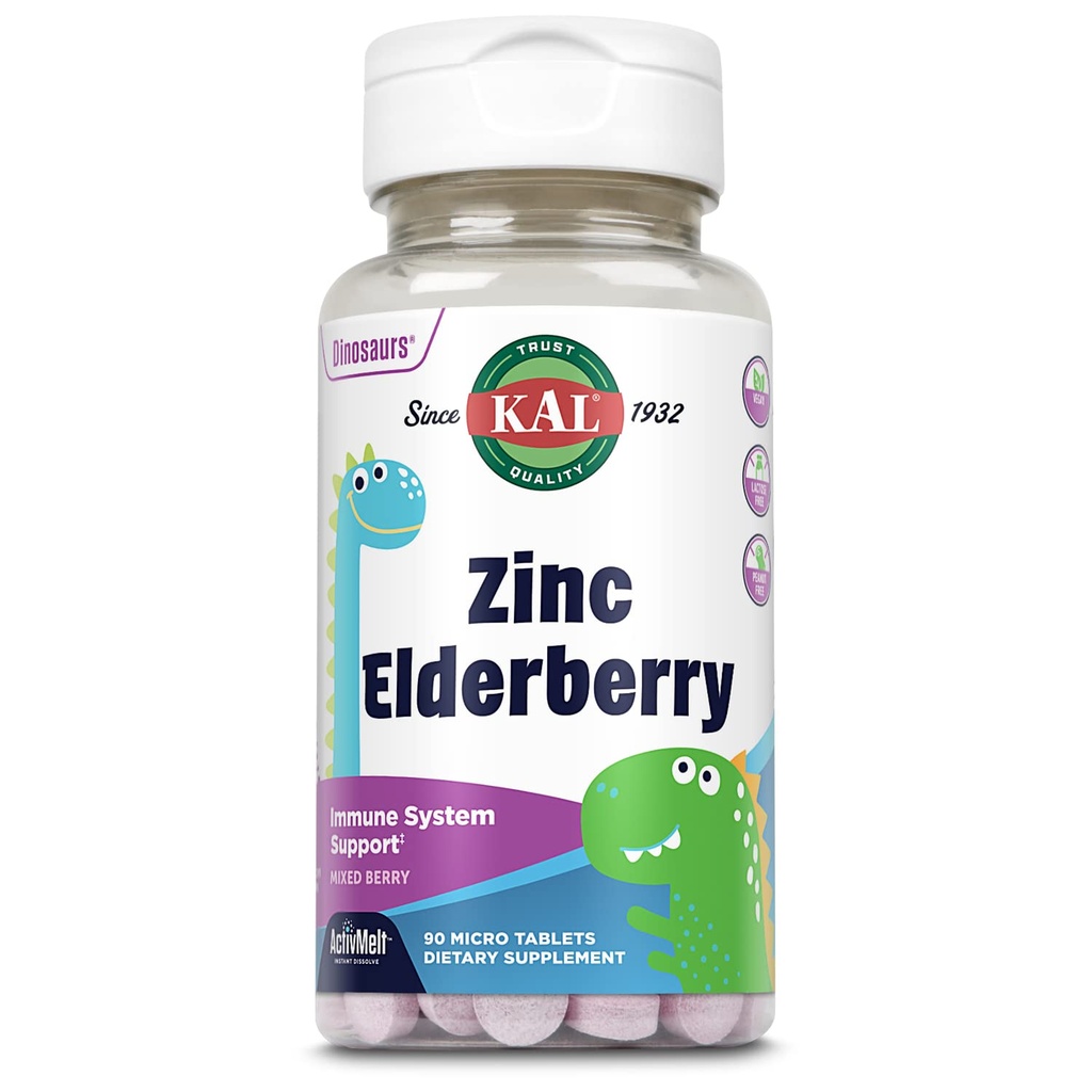 KAL Kids Zinc Elderberry Dinosaurs, supplément de soutien immunitaire* pour les enfants avec une baie d'eau de Sambucus, dissolution rapide ActivMelts de baies mixtes, amusant, formes de dino savoureux, végétalien, 90 portions, 90 micro comprimés