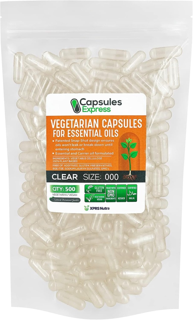 XPRS Nutra Maat 000 Lege Vegan Capsules - 500 Tel Grote Heldere Veggie Capsules voor de meeste essentiële oliën - Lege plantaardige pillen - DIY Olievulling