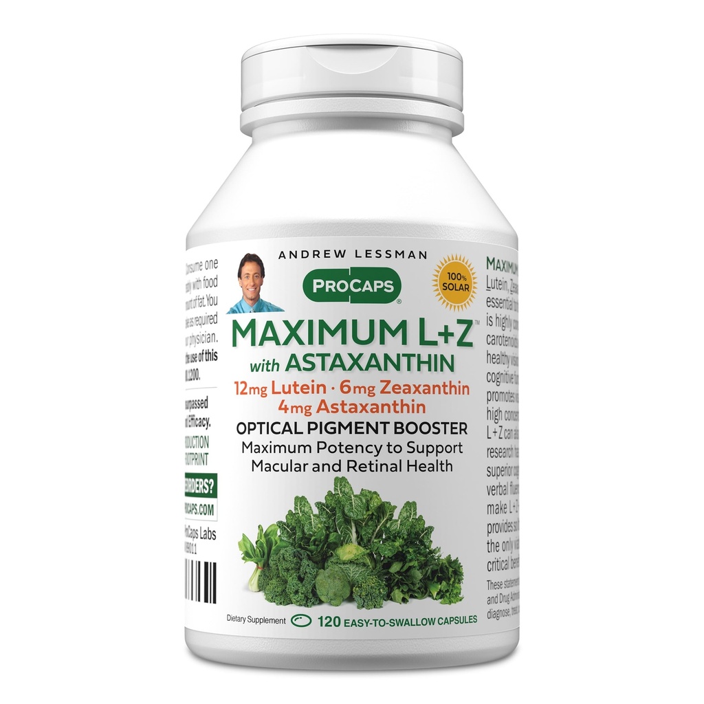 ANDREW LESSMAN Maximum L+Z met Astaxanthine 120 Softgels - 12mg Luteïne, 6mg Zeaxanthine, 4mg Astaxanthine. Belangrijke voedingsstoffen om Eye en Brain Health te ondersteunen en een gezonde visie te bevorderen.